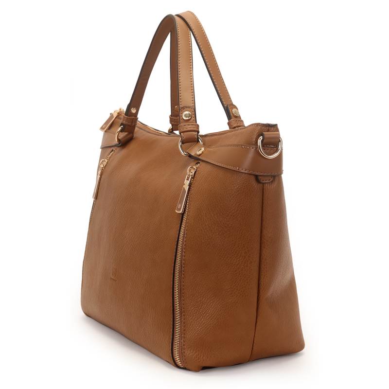 Vista lateral da bolsa tote WJ marrom mostrando formato estruturado e detalhes em metal dourado
